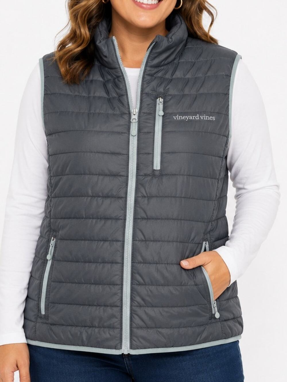 Vineyard Vines Gray Quilted Full Zip Lightweight Puffer Vest Large